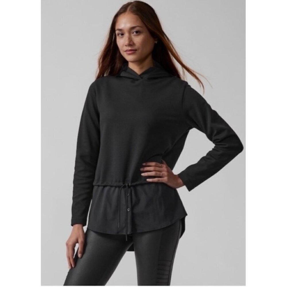 Athleta Black Gallery Hoodie Top Size S Black Neutral Mixed Media